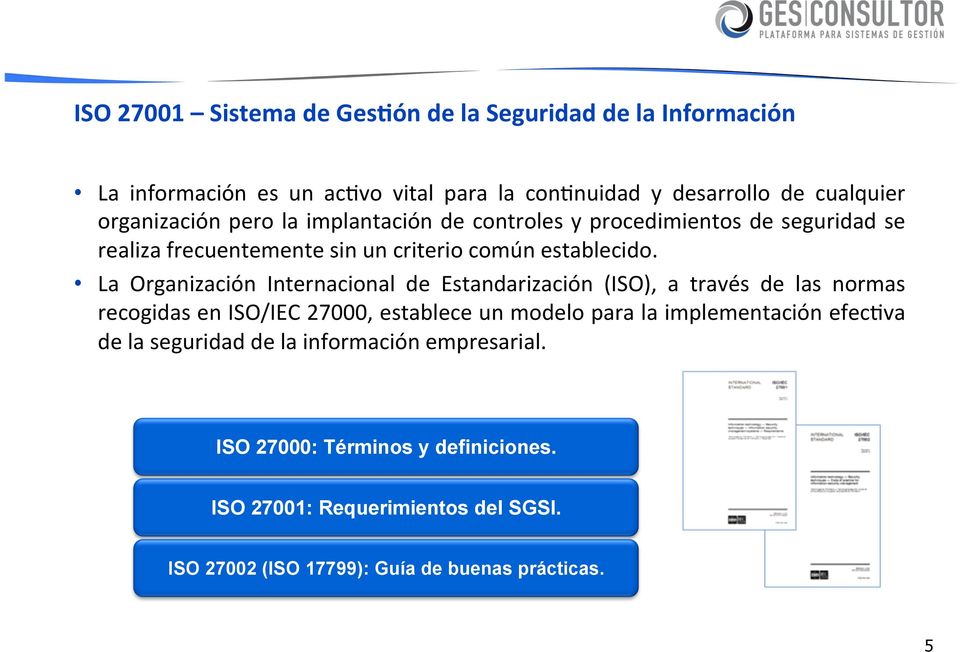 La Organización Internacional de Estandarización (ISO), a través de las normas recogidas en ISO/IEC 27000, establece un modelo para la implementación