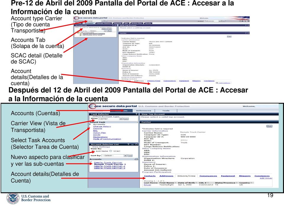 de Abril del 2009 Pantalla del Portal de ACE : Accesar a la Información de la cuenta Accounts (Cuentas) Carrier View (Vista de