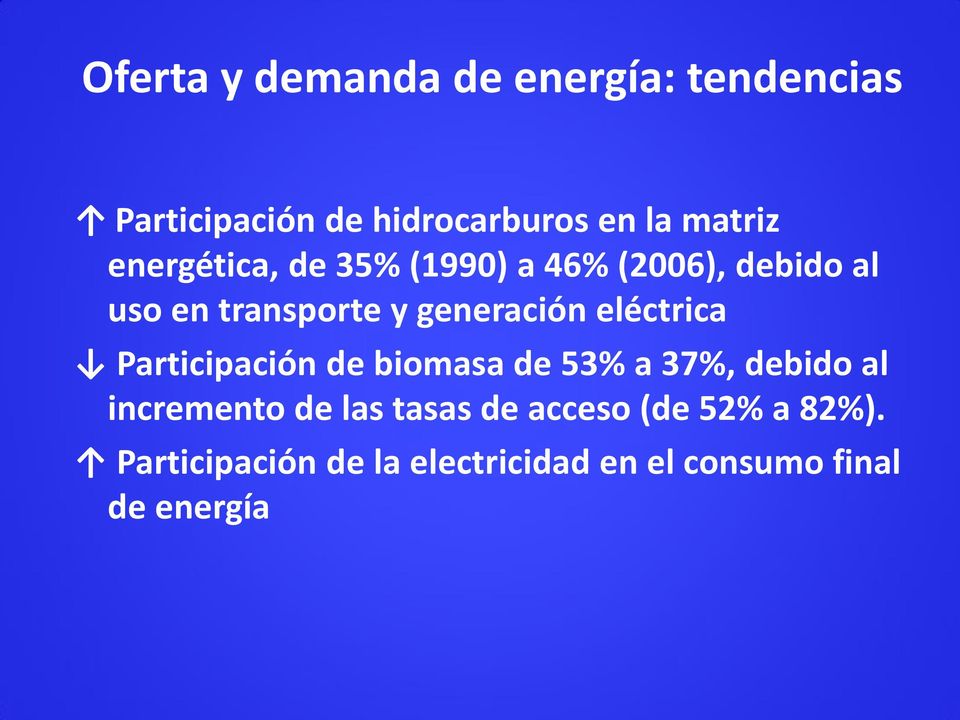 eléctrica Participación de biomasa de 53% a 37%, debido al incremento de las tasas