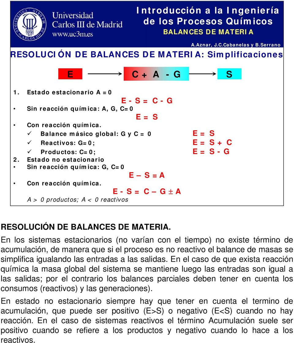 E - S = C G ± A A > 0 productos; A < 0 reactivos RESOLUCIÓN DE BALANCES DE MATERIA.