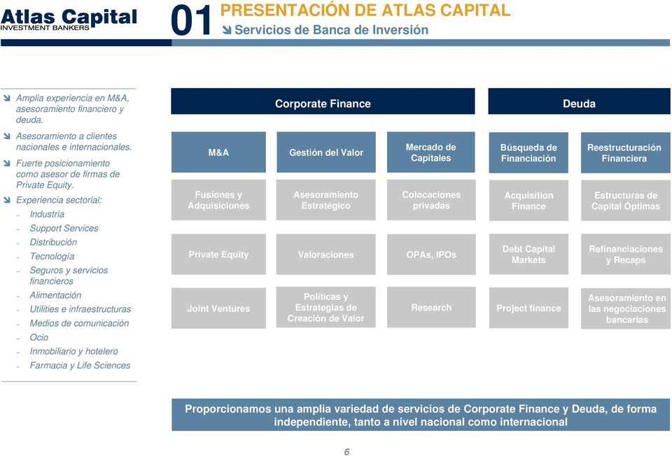 Experiencia sectorial: Industria M&A Fusiones y Adquisiciones Gestión del Valor Asesoramiento Estratégico Mercado de Capitales Colocaciones privadas Búsqueda de Financiación Acquisition Finance
