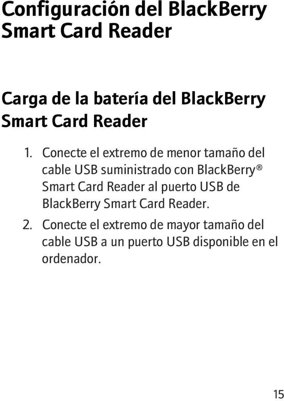 Conecte el extremo de menor tamaño del cable USB suministrado con BlackBerry Smart