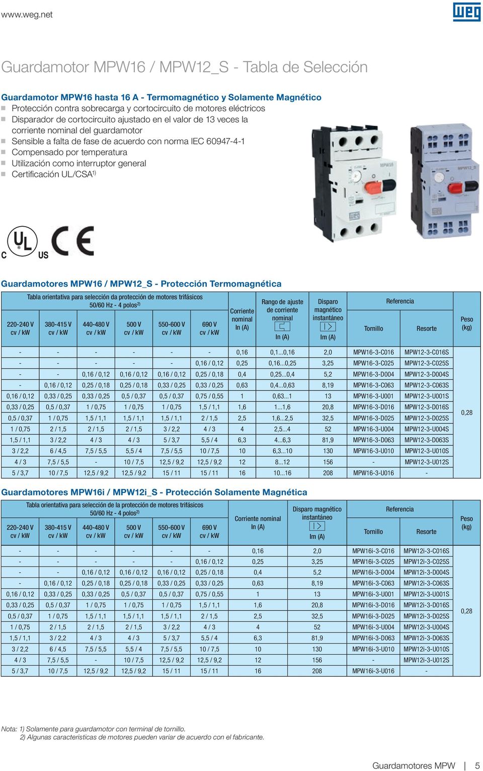 cortocircuito ajustado en el valor de 3 veces la corriente nominal del guardamotor g Sensible a falta de fase de acuerdo con norma IEC 609474 g Compensado por temperatura g Utilización como