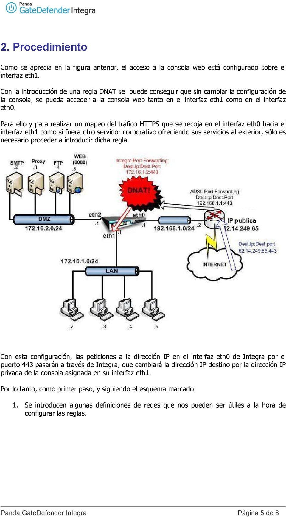 Para ello y para realizar un mapeo del tráfico HTTPS que se recoja en el interfaz eth0 hacia el interfaz eth1 como si fuera otro servidor corporativo ofreciendo sus servicios al exterior, sólo es