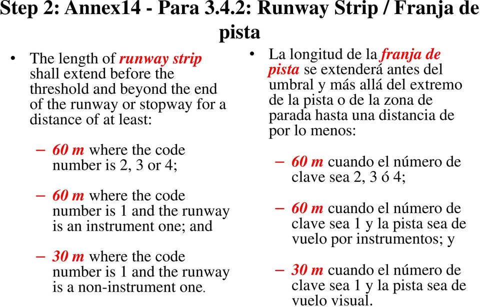 2: Runway Strip / Franja de pista The length of runway strip shall extend before the threshold and beyond the end of the runway or stopway for a distance of at least: 60 m where the