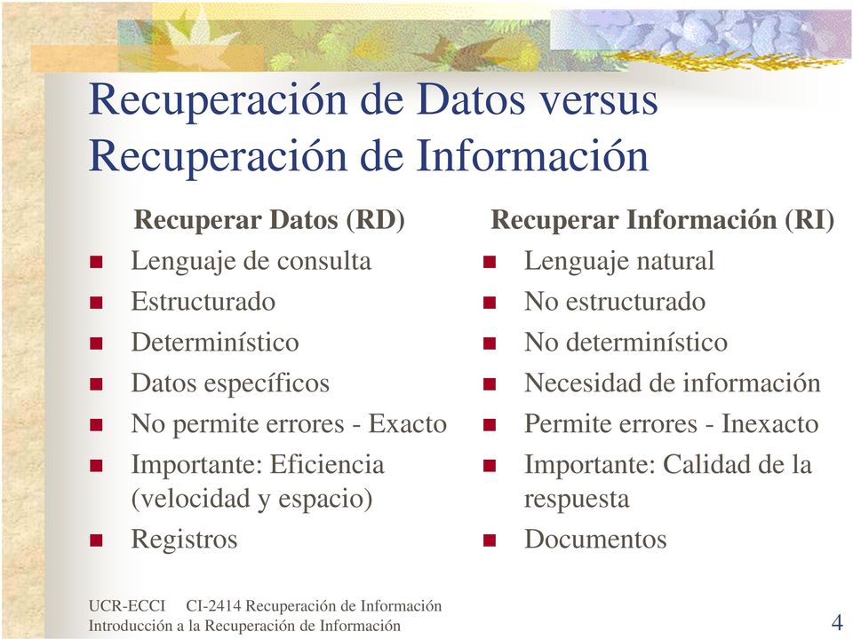 Registros Recuperar Información (RI) Lenguaje natural No estructurado No determinístico Necesidad de información
