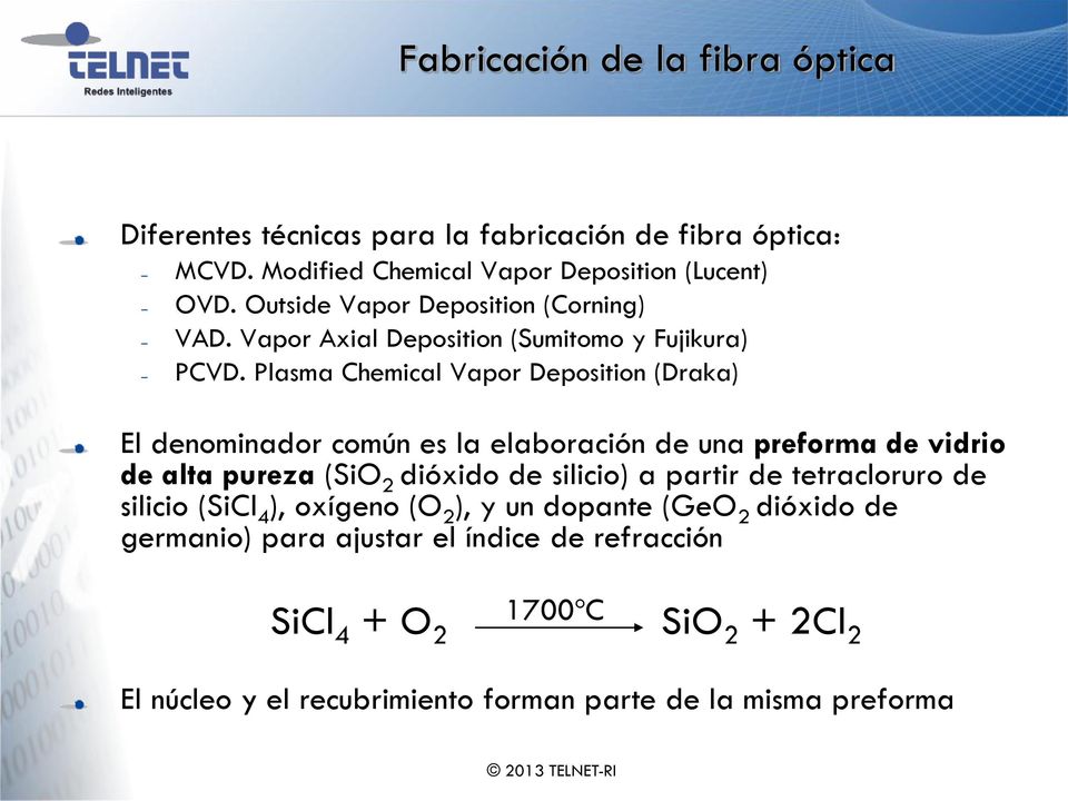 Plasma Chemical Vapor Deposition (Draka) El denominador común es la elaboración de una preforma de vidrio de alta pureza (SiO 2 dióxido de silicio) a
