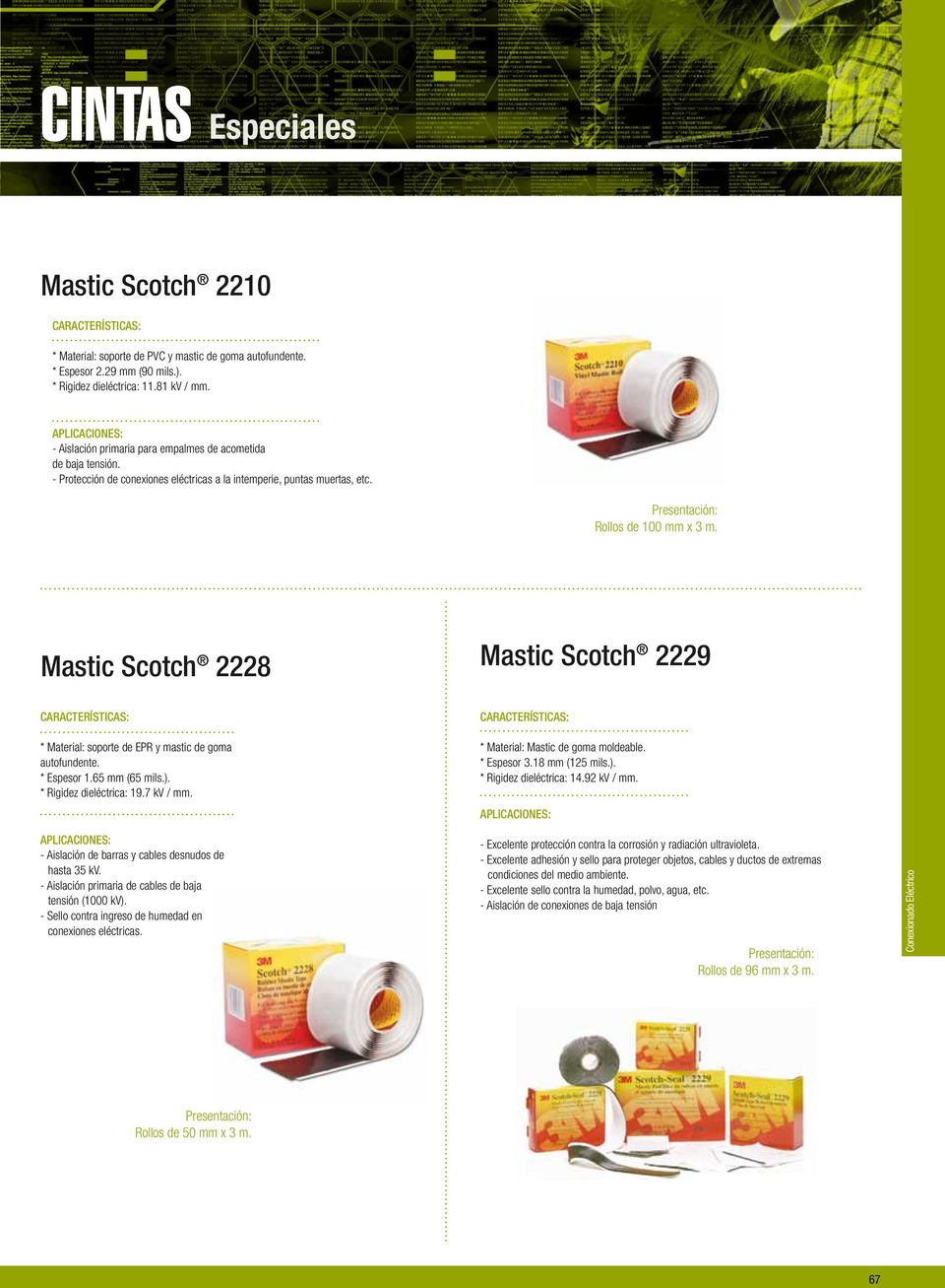 Mastic Scotch 2228 Mastic Scotch 2229 * Material: soporte de EPR y mastic de goma autofundente. * Espesor 1.65 mm (65 mils.). * Rigidez dieléctrica: 19.7 kv / mm.