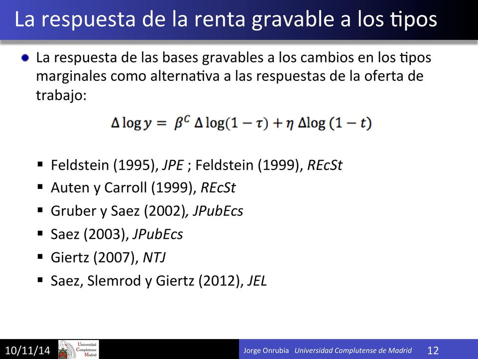 Feldstein (1999), REcSt Auten y Carroll (1999), REcSt Gruber y Saez (2002), JPubEcs Saez (2003), JPubEcs