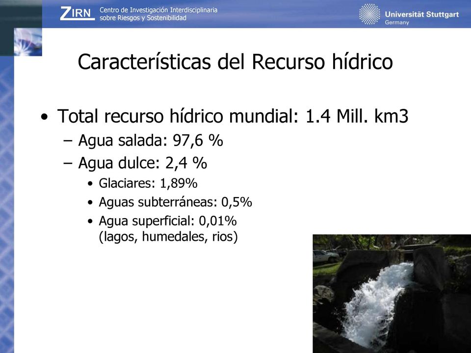 km3 Agua salada: 97,6 % Agua dulce: 2,4 % Glaciares: