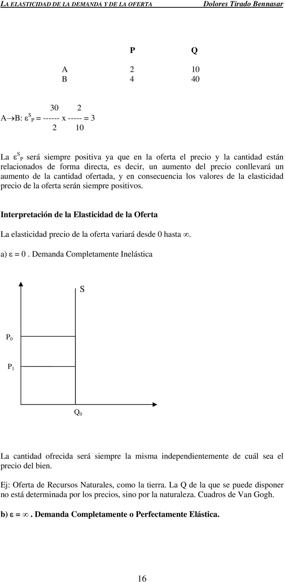 Interpretación de la Elasticidad de la Oferta La elasticidad precio de la oferta variará desde 0 hasta. a) ε = 0.