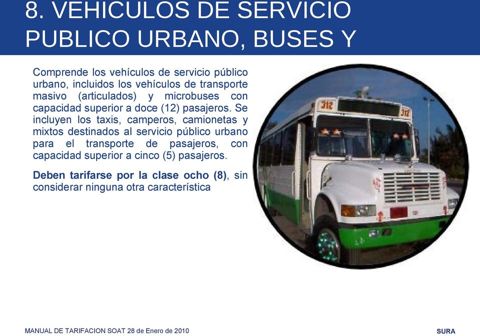 Se incluyen los taxis, camperos, camionetas y mixtos destinados al servicio público urbano para el transporte de
