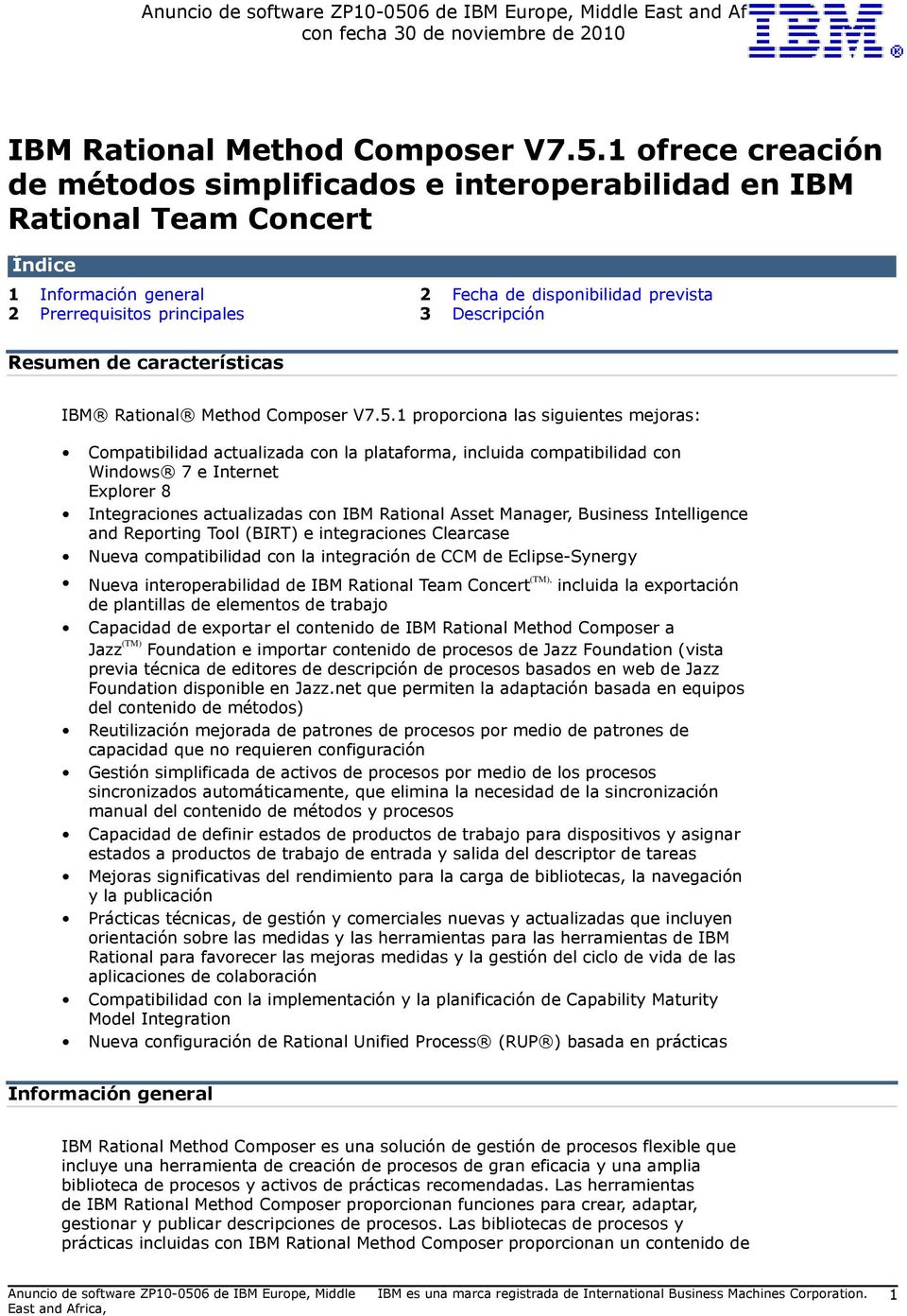 Resumen de características IBM Rational Method Composer V7.5.