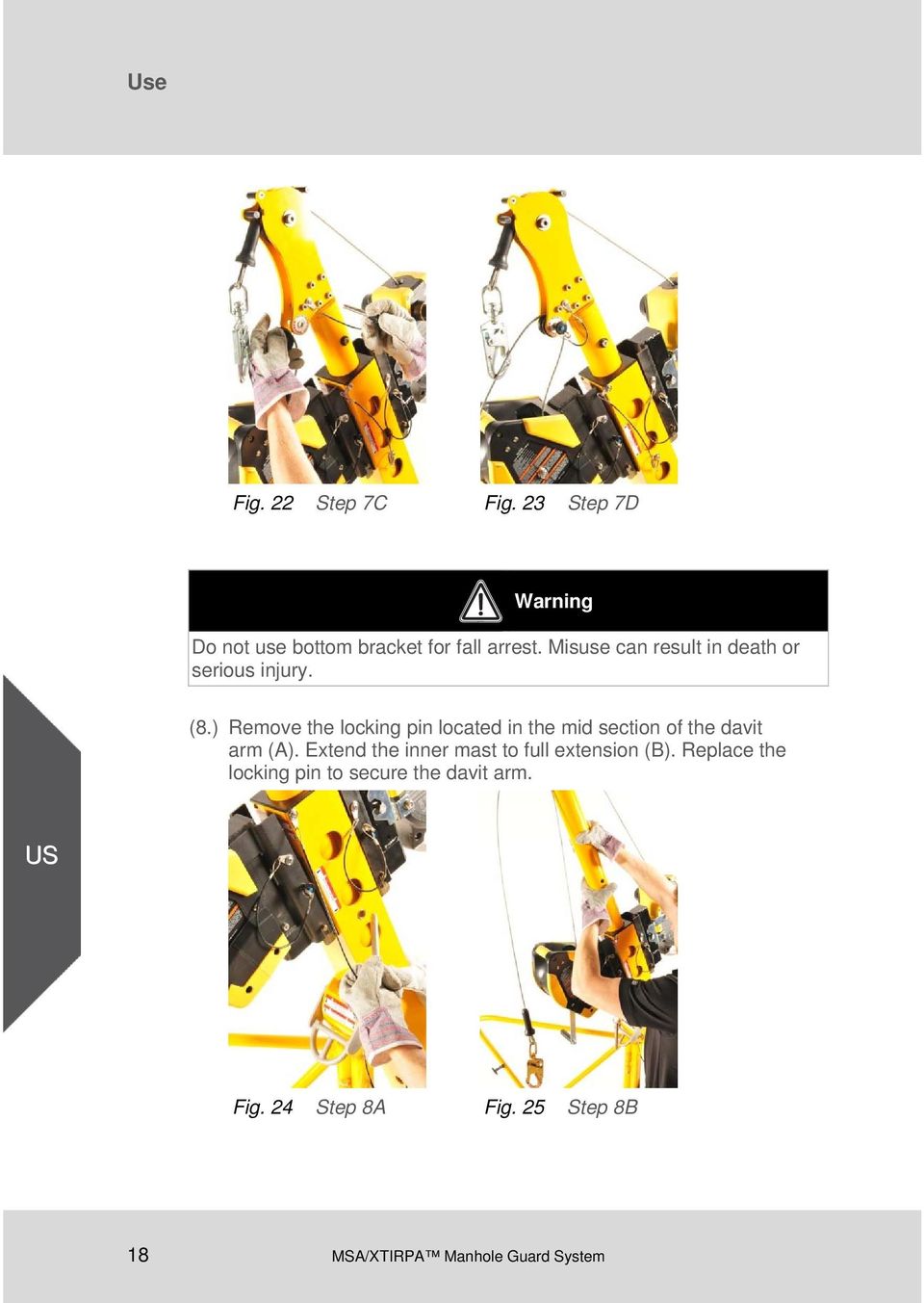 ) Remove the locking pin located in the mid section of the davit arm (A).
