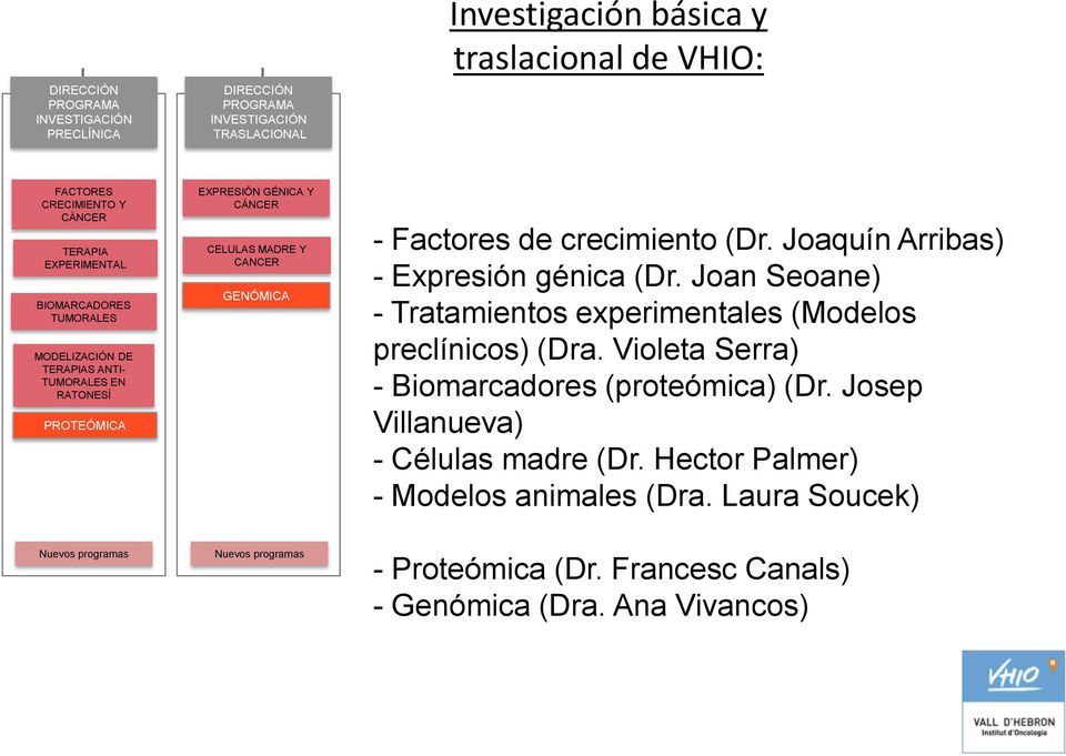 Nuevos programas - Factores de crecimiento (Dr. Joaquín Arribas) - Expresión génica (Dr. Joan Seoane) - Tratamientos experimentales (Modelos preclínicos) (Dra.