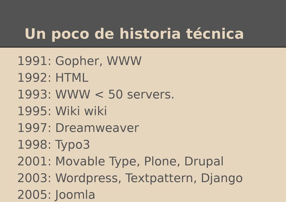 1995: Wiki wiki 1997: Dreamweaver 1998: Typo3 2001: