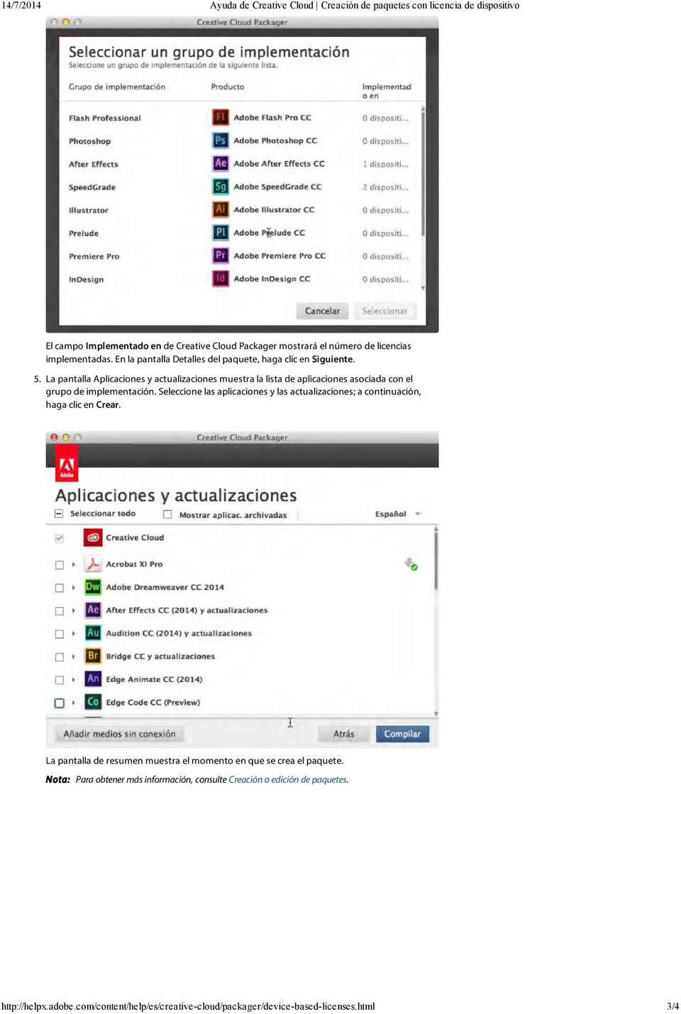 La pantalla Aplicaciones y actualizaciones muestra la lista de aplicaciones asociada con el grupo de implementación.
