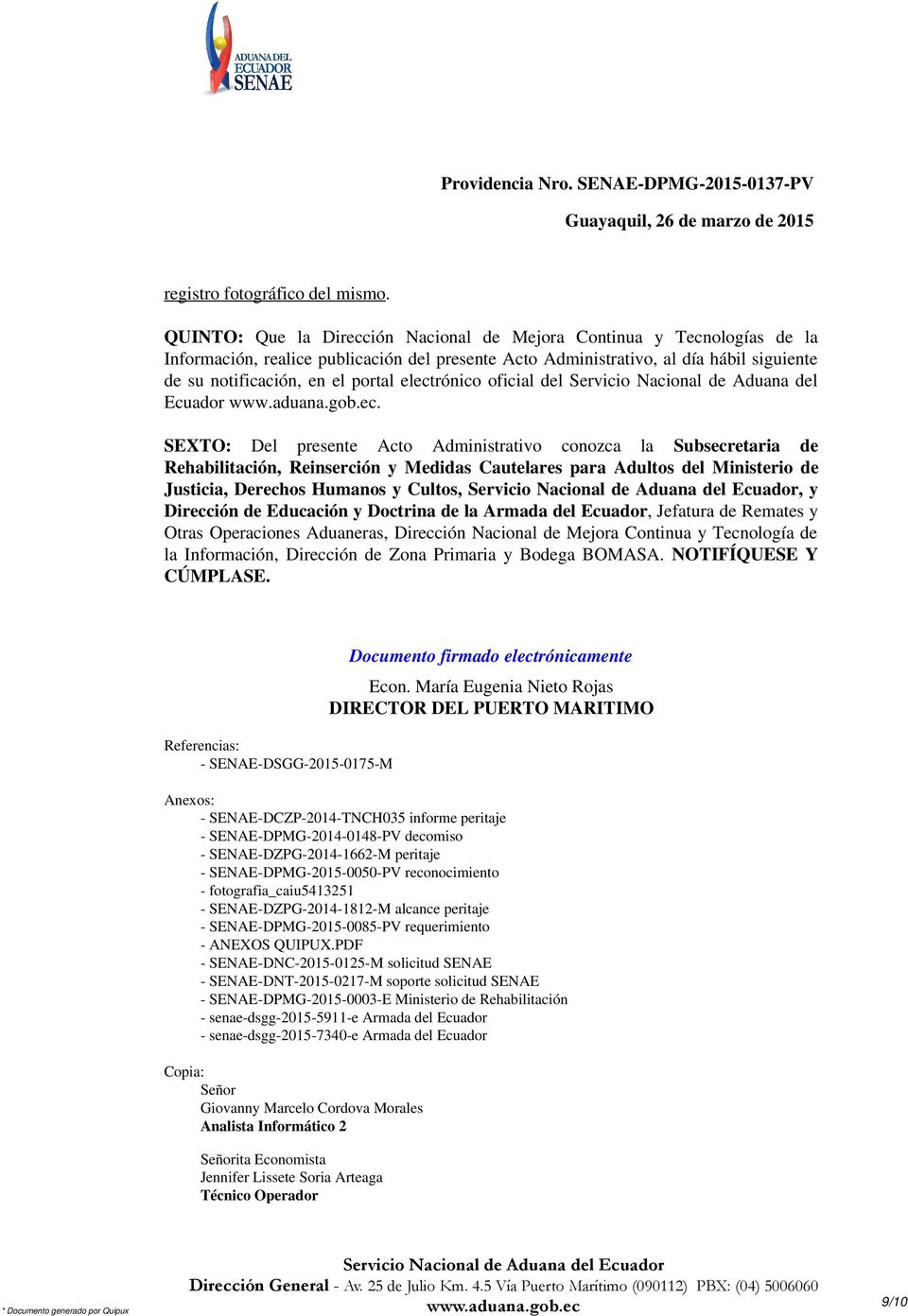electrónico oficial del Servicio Nacional de Aduana del Ecuador.