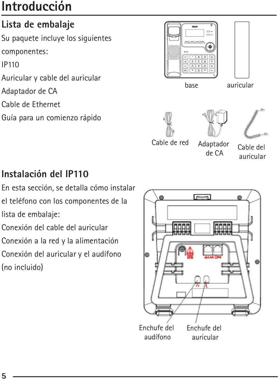 IP110 En esta sección, se detalla cómo instalar el teléfono con los componentes de la lista de embalaje: Conexión del cable del