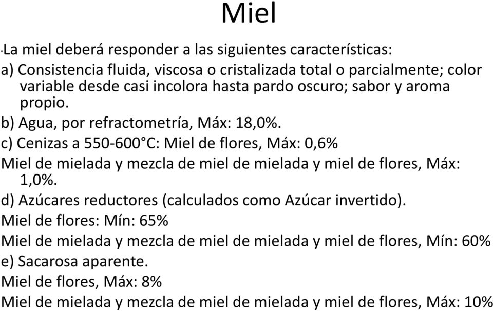 c) Cenizas a 550-600 C: Miel de flores, Máx: 0,6% Miel de mielada y mezcla de miel de mielada y miel de flores, Máx: 1,0%.