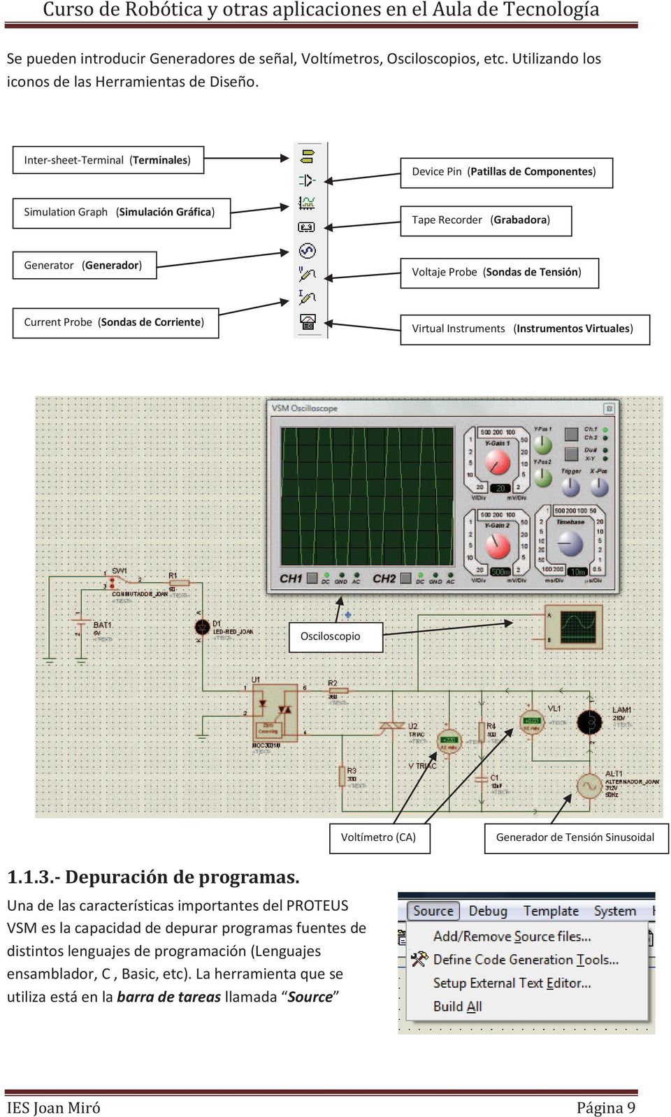 Current Probe (Sondas de Corriente) Virtual Instruments (Instrumentos Virtuales) Osciloscopio Voltímetro (CA) Generador de Tensión Sinusoidal 1.1.3.- Depuración de programas.