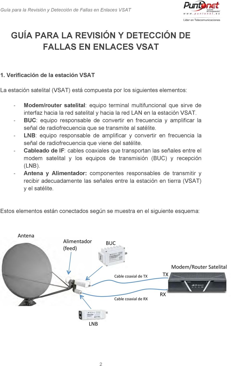 satelital y hacia la red LAN en la estación VSAT. BUC: equipo responsable de convertir en frecuencia y amplificar la señal de radiofrecuencia que se transmite al satélite.