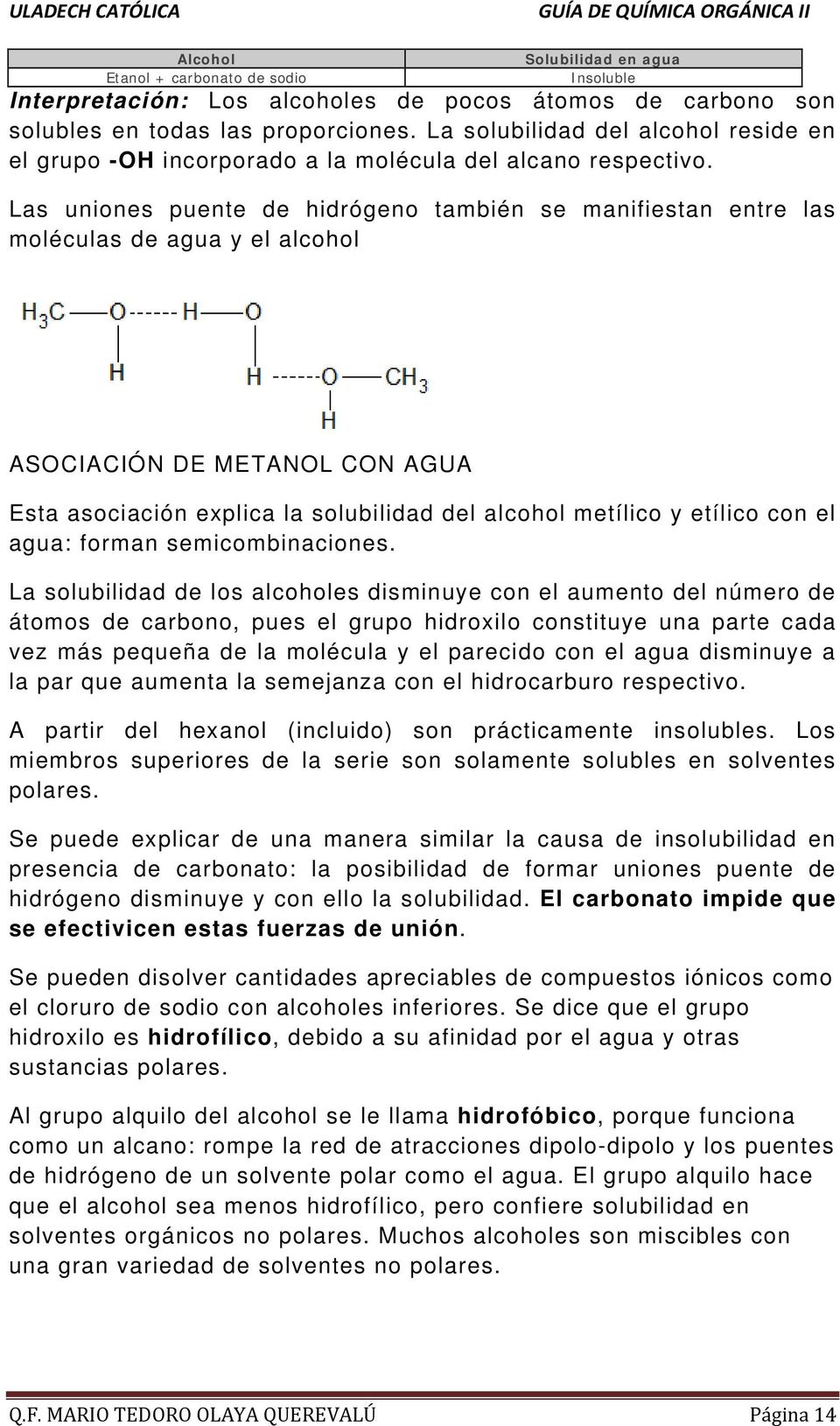 Las uniones puente de hidrógeno también se manifiestan entre las moléculas de agua y el alcohol ASOCIACIÓN DE METANOL CON AGUA Esta asociación explica la solubilidad del alcohol metílico y etílico