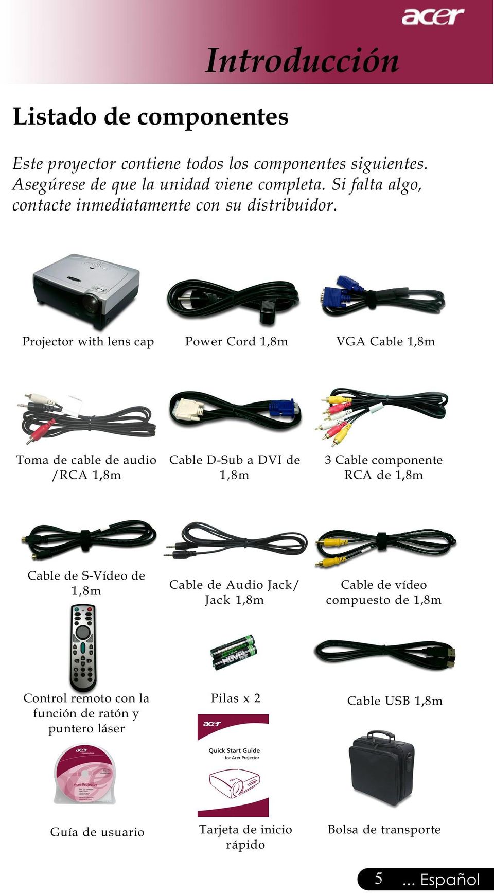 Projector with lens cap Power Cord 1,8m VGA Cable 1,8m Toma de cable de audio /RCA 1,8m Cable D-Sub a DVI de 1,8m 3 Cable componente RCA de 1,8m