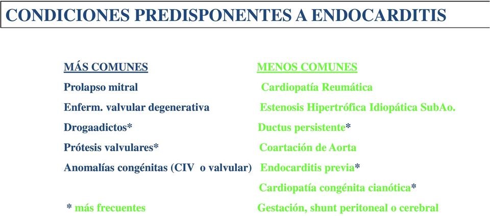 Drogaadictos* Ductus persistente* Prótesis valvulares* Coartación de Aorta Anomalías congénitas