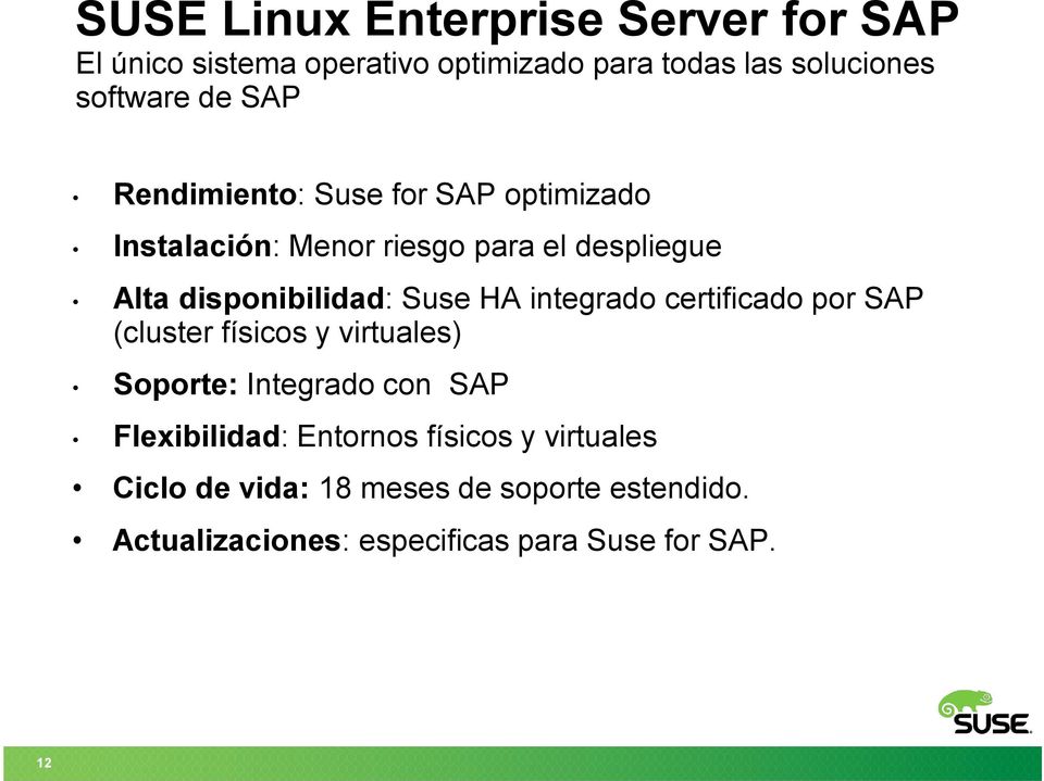 HA integrado certificado por SAP (cluster físicos y virtuales) Soporte: Integrado con SAP Flexibilidad: Entornos