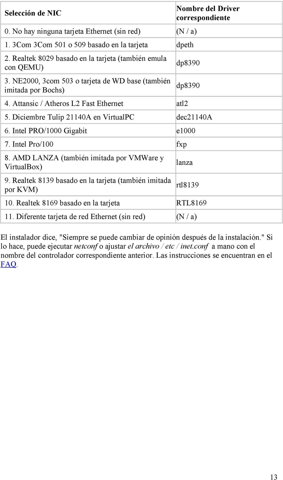 Diciembre Tulip 21140A en VirtualPC dec21140a 6. Intel PRO/1000 Gigabit e1000 7. Intel Pro/100 fxp 8. AMD LANZA (también imitada por VMWare y VirtualBox) 9.