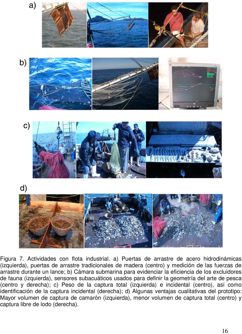 Cámara submarina para evidenciar la eficiencia de los excluidores de fauna (izquierda), sensores subacuáticos usados para definir la geometría del arte de pesca (centro y