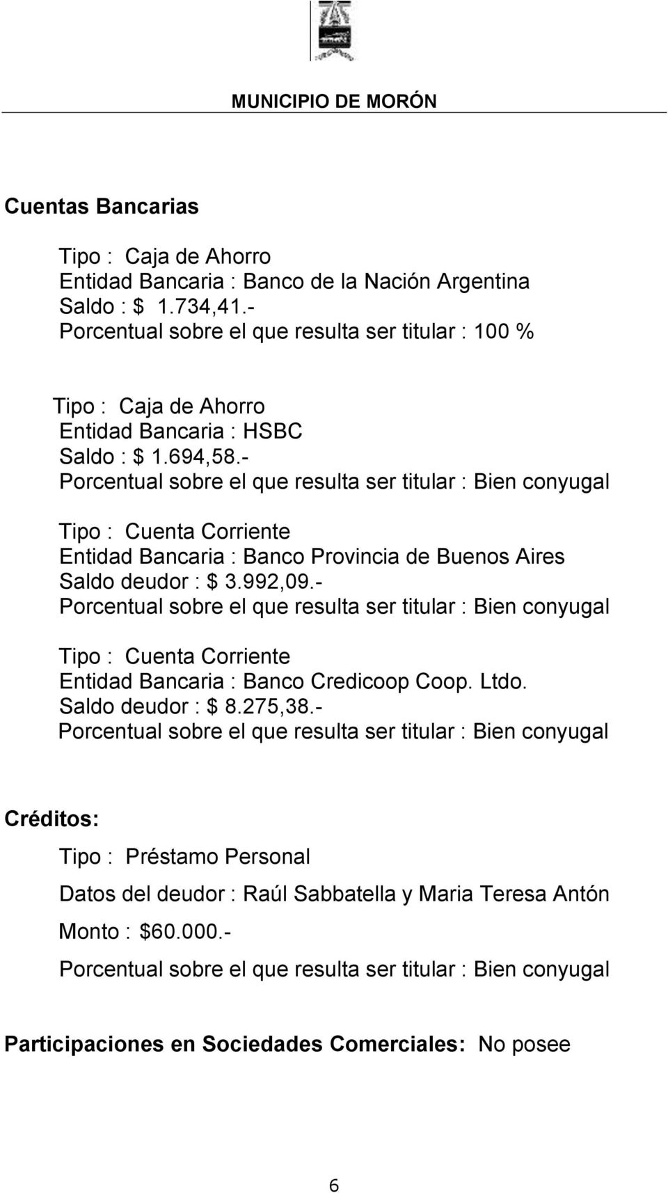 - Tipo : Cuenta Corriente Entidad Bancaria : Banco Provincia de Buenos Aires Saldo deudor : $ 3.992,09.
