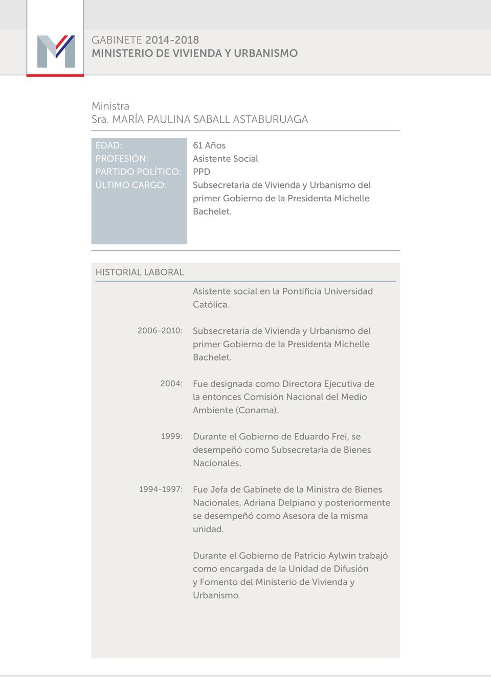 Asistente social en la Pontificia Universidad Católica. 2006-2010: Subsecretaria de Vivienda y Urbanismo del primer Gobierno de la Presidenta Michelle Bachelet.