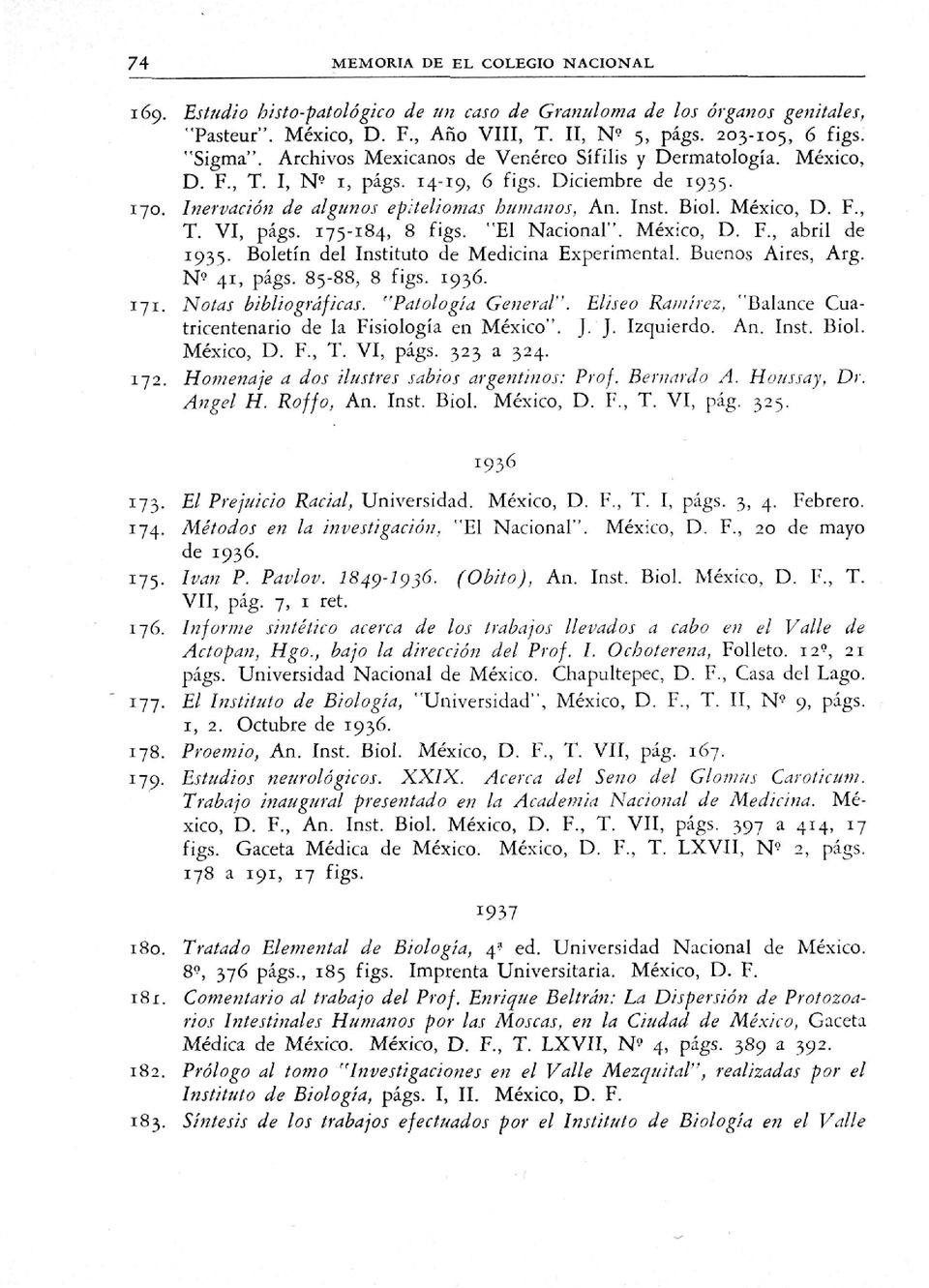 México, D. F., T. VI, págs. 175-184, 8 figs. "El Nacional". México, D. F., abril de 1935. Boletín del Instituto de Medicina Experimental. Buenos Aires, Arg. N^ 41, págs. 85-88, 8 figs. 1936. 171.