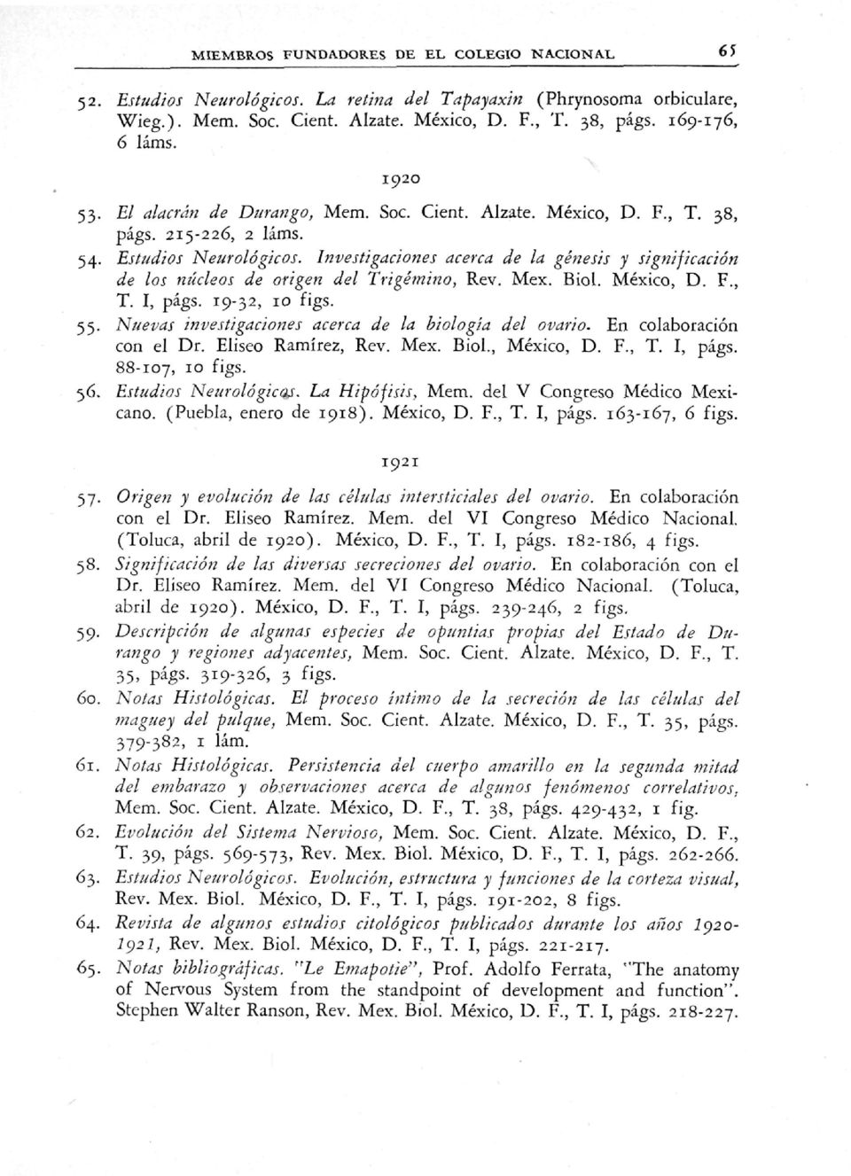 Investigaciones acerca de la génesis y significación de los núcleos de origen del Trigémino, Rev. Mex. Biol. México, D. F., T. I, págs. 19-32, 10 figs. 55.