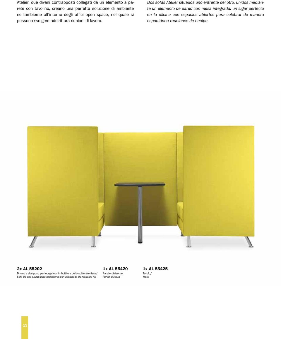 Dos sofás Atelier situados uno enfrente del otro, unidos mediante un elemento de pared con mesa integrada: un lugar perfecto en la oficina con espacios abiertos para