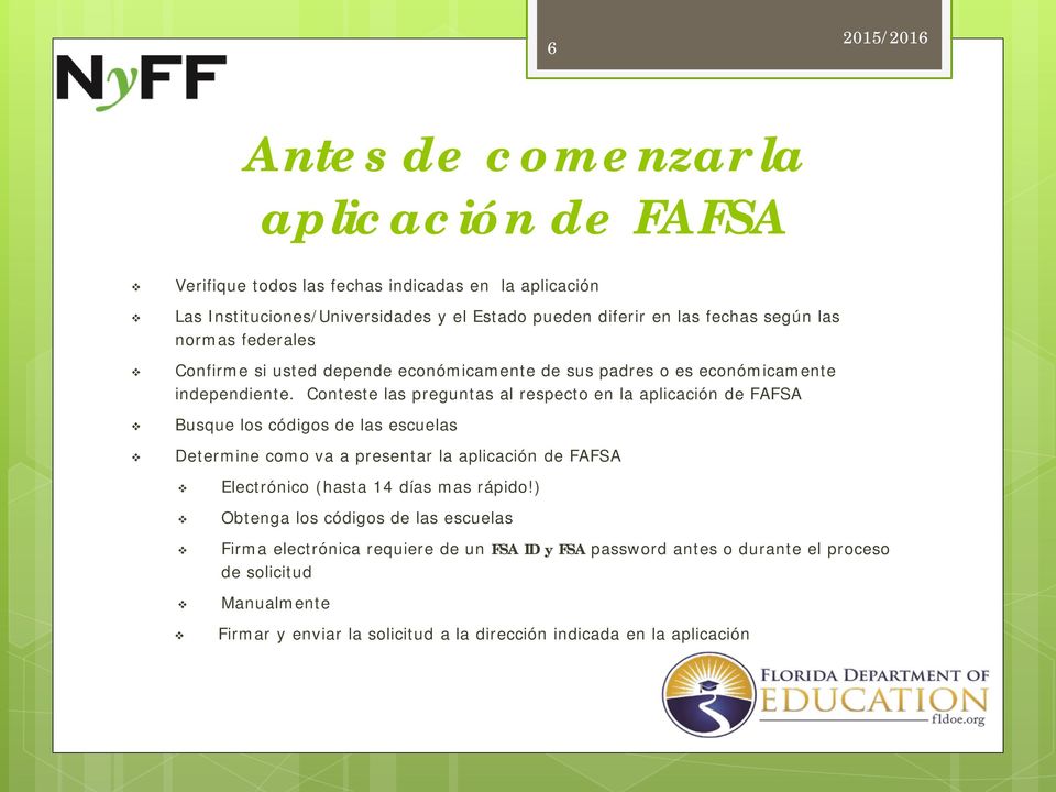 Conteste las preguntas al respecto en la aplicación de FAFSA Busque los códigos de las escuelas Determine como va a presentar la aplicación de FAFSA Electrónico (hasta 14