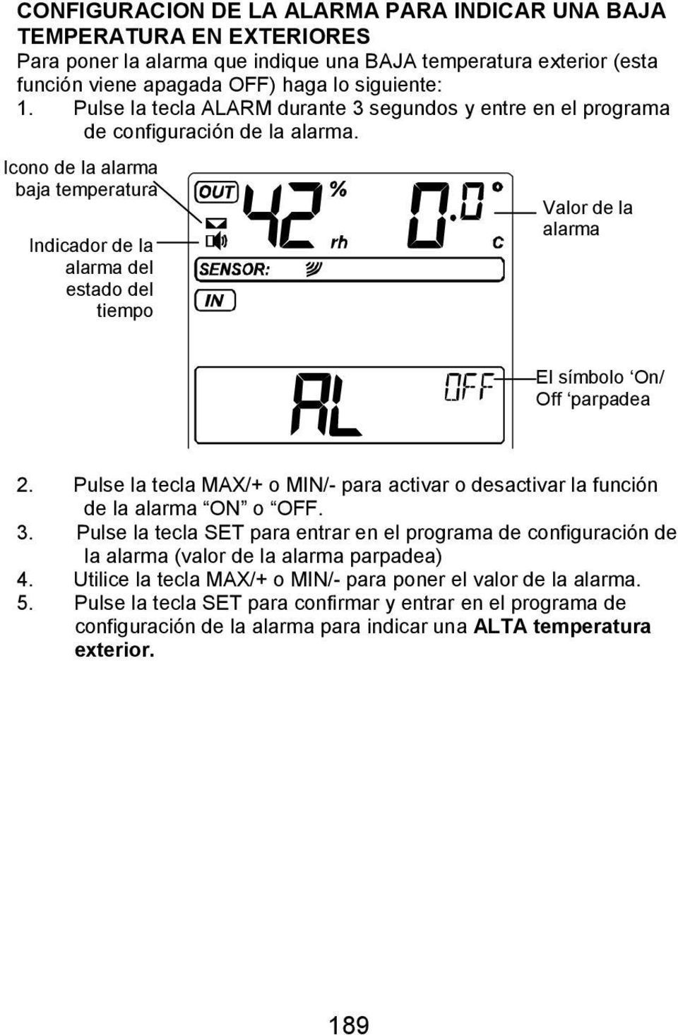 Icono de la alarma baja temperatura Indicador de la alarma del estado del tiempo Valor de la alarma El símbolo On/ Off parpadea 2.