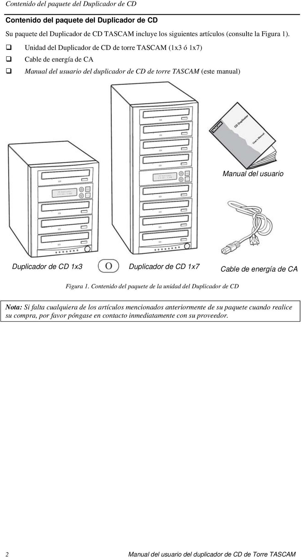 Duplicador de CD 1x3 Duplicador de CD 1x7 Cable de energía de CA Figura 1.