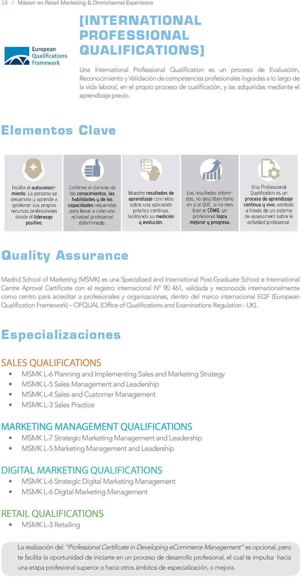 Elementos Clave Quality Assurance Madrid School of Marketing (MSMK) es una Specialized and International Post-Graduate School e International Centre Aproval Certificate con el registro internacional