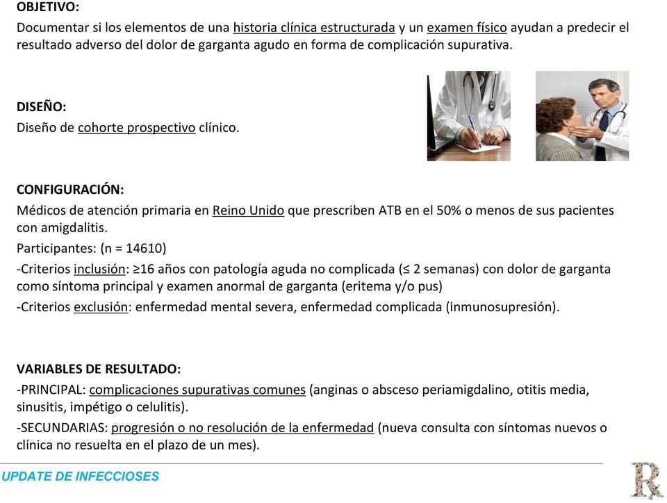 Participantes: (n = 14610) -Criterios inclusión: 16 años con patología aguda no complicada ( 2 semanas) con dolor de garganta como síntoma principal y examen anormal de garganta (eritema y/o pus)