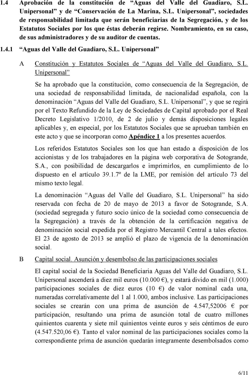 Nombramiento, en su caso, de sus administradores y de su auditor de cuentas. 1.4.1 Aguas del Valle del Guadiaro, S.L.