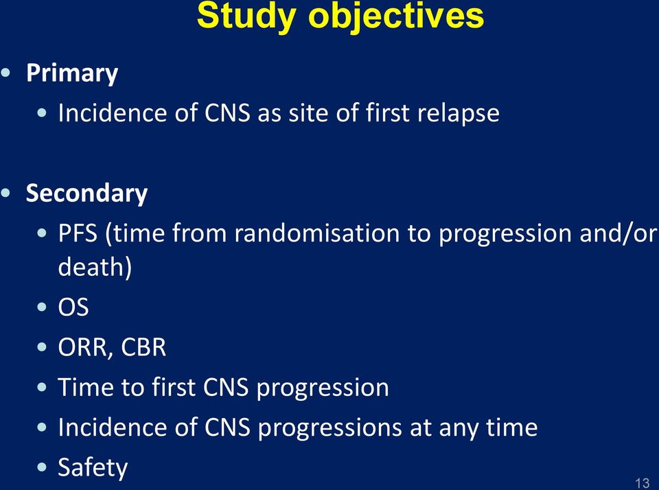 progression and/or death) OS ORR, CBR Time to first CNS