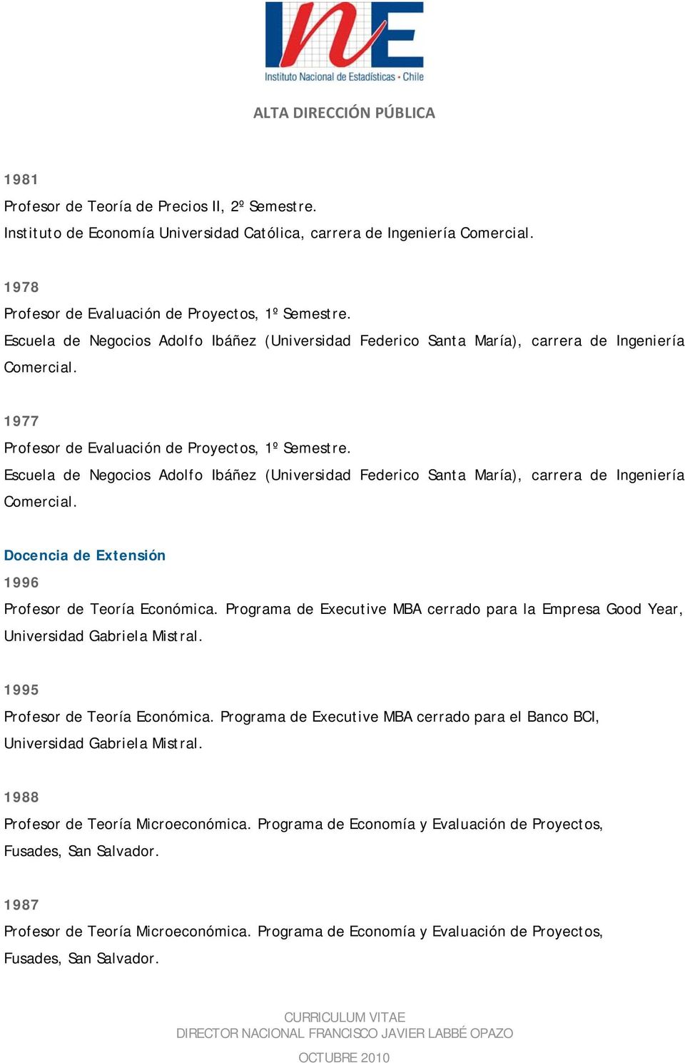 Escuela de Negocios Adolfo Ibáñez (Universidad Federico Santa María), carrera de Ingeniería Comercial. Docencia de Extensión 1996 Profesor de Teoría Económica.