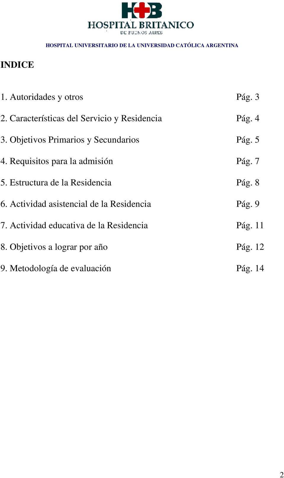 Estructura de la Residencia Pág. 8 6. Actividad asistencial de la Residencia Pág. 9 7.