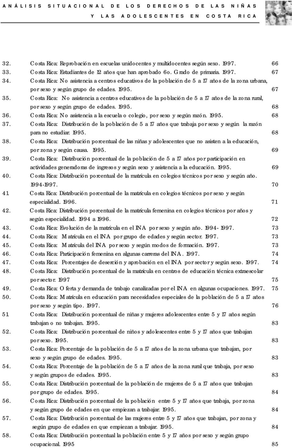 Costa Rica: No asistencia a centros educativos de la población de 5 a 17 años de la zona rural, por sexo y según grupo de edades. 1995. 68 36.