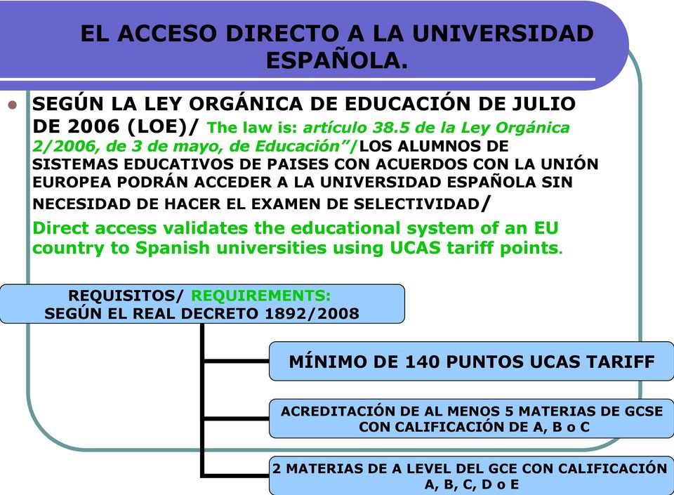 ESPAÑOLA SIN NECESIDAD DE HACER EL EXAMEN DE SELECTIVIDAD/ Direct access validates the educational system of an EU country to Spanish universities using UCAS tariff points.