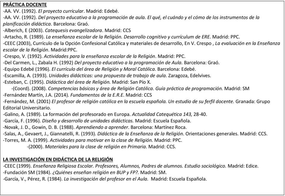 La enseñanza escolar de la Religión. Desarrollo cognitivo y currículum de ERE. Madrid: PPC. -CEEC (2003), Currículo de la Opción Confesional Católica y materiales de desarrollo, En V.