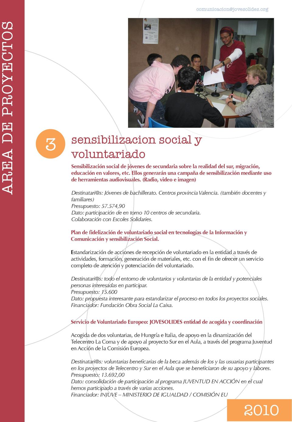 (también docentes y familiares) Presupuesto: 57.574,90 Dato: participación de en torno 10 centros de secundaria. Colaboración con Escoles Solidaries.